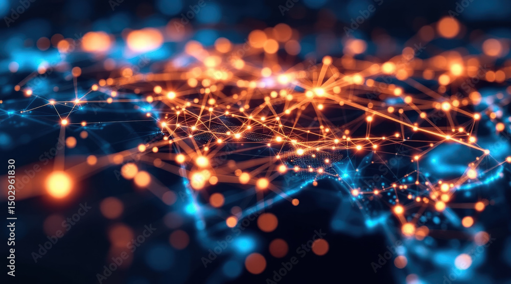 Poster abstract data map of asia illuminated with glowing circuits, futuristic network connections, and vib