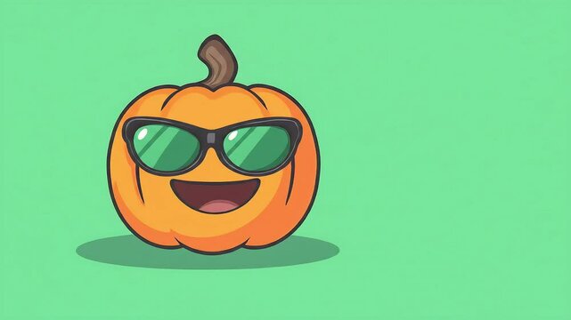 A funny, orange, spooky Halloween pumpkin face illustration with a glasses and smiling