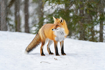 Obraz premium Red fox standing in the snow during winter in a forest, looking alert and beautiful with its thick fur