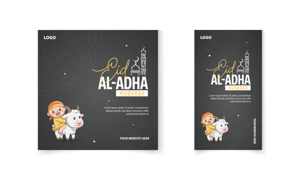 Eid Al Adha mubarak social media post, story template with cute sheep, mandala, lantern, star vector