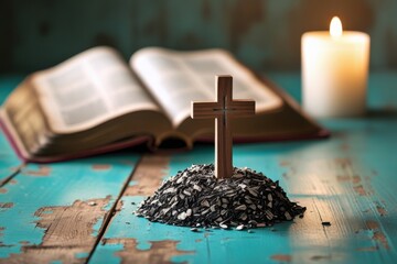 Wooden Cross in Ashes with Open Bible and Candle on Turquoise Table — Christian faith, Ash Wednesday, spiritual reflection, Lent, religious still life