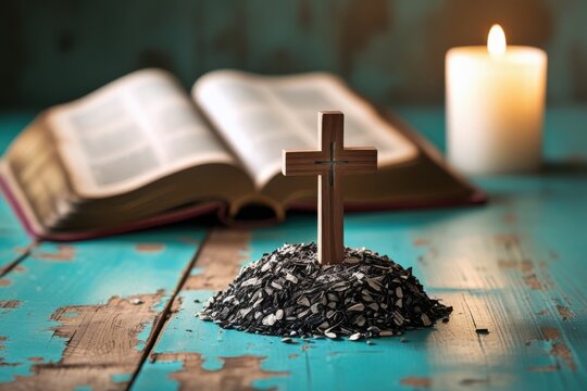 Wooden Cross in Ashes with Open Bible and Candle on Turquoise Table — Christian faith, Ash Wednesday, spiritual reflection, Lent, religious still life - Powered by Adobe