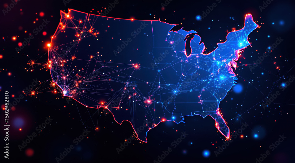 Poster digital map of united states with glowing network connections, abstract data visualization, modern t