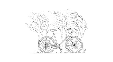 Fototapeta premium Windy Day Bicycle Sketch Classic Bike Parked Amidst Windswept Trees