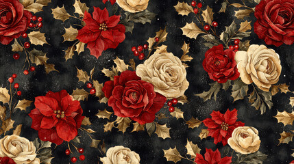 Beautiful floral pattern featuring red and cream roses, holly leaves, and berries on dark background, perfect for festive designs