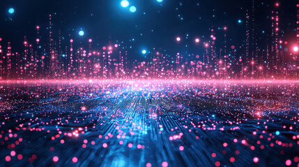 Vibrant digital landscape featuring circuit board pattern illuminated by colorful lights, creating mesmerizing atmosphere of technology