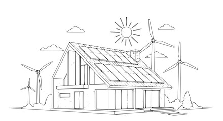 EcoFriendly House Design with Solar Panels and Wind Turbines