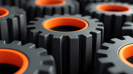 Close up of black and orange gear wheels with textured surface, showcasing modern industrial design. vibrant colors create striking visual appeal