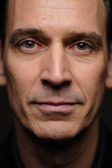 Obraz premium Close-up portrait of a serious middle-aged man with intense gaze and detailed facial features in a dark studio setting
