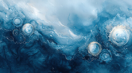 Beautiful watercolor pattern featuring clockwork gears in shades of blue, creating serene and dynamic atmosphere