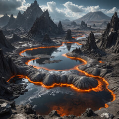 Volcanic Alien World with Molten Silver Rivers, Robotic Lifeforms, and Floating Islands in a Futuristic Sci-Fi Fantasy Planetary Landscape

