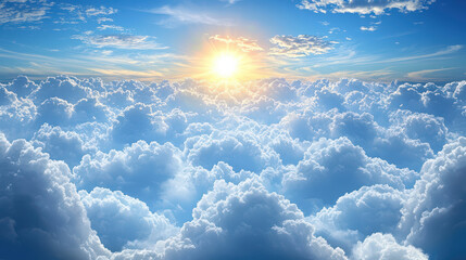 Beautiful sunrise illuminates fluffy clouds in serene sky, creating peaceful and uplifting atmosphere