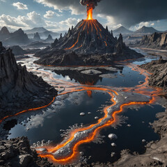 Volcanic Alien World with Molten Silver Rivers, Robotic Lifeforms, and Floating Islands in a Futuristic Sci-Fi Fantasy Planetary Landscape

