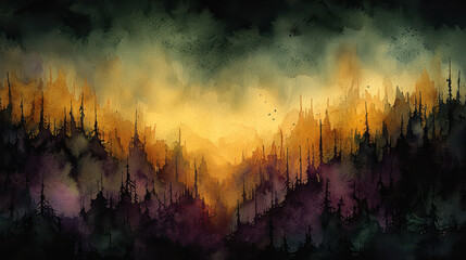 Stunning watercolor landscape featuring forest silhouette against vibrant sunset. colors blend beautifully, creating serene atmosphere