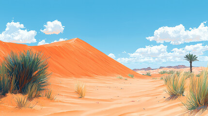 Vibrant desert landscape featuring orange sand dunes, scattered vegetation, and clear blue sky with fluffy clouds. scene evokes sense