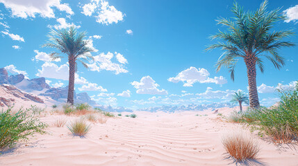 Serene desert landscape featuring soft sand dunes, vibrant palm trees, and bright blue sky filled with fluffy clouds, evoking sense of tranquility