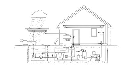 Obraz premium Detailed Diagram of Residential Rainwater Harvesting and Plumbing System