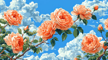 Vibrant floral pattern featuring large peach roses against bright blue sky with fluffy clouds, creating cheerful and uplifting atmosphere