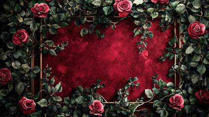 Beautiful floral pattern featuring red roses and green leaves on textured red background, perfect for adding elegance to any design