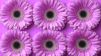 Beautiful pink gerbera daisies arranged in symmetrical pattern on vibrant background, creating cheerful and lively atmosphere