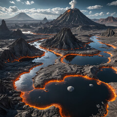 Volcanic Alien World with Molten Silver Rivers, Robotic Lifeforms, and Floating Islands in a Futuristic Sci-Fi Fantasy Planetary Landscape

