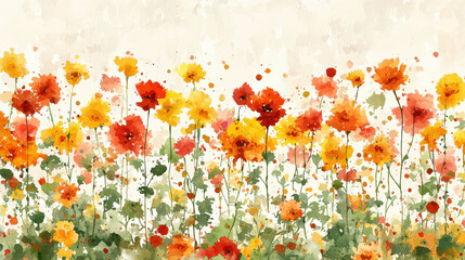 Vibrant watercolor flowers in shades of red, orange, and yellow create cheerful and lively atmosphere, perfect for any design project