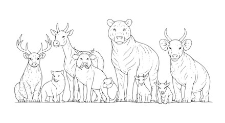 Obraz premium Line Art Depiction of Diverse Mammals Deer Bear and Unique Bovines