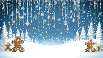Gingerbread cookies in winter landscape with snowflakes and trees create festive atmosphere. Perfect for holiday themes and celebrations