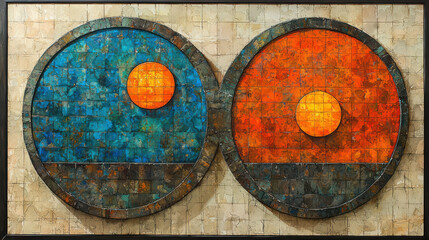 Geometric pattern artwork featuring two circular shapes blue and orange, symbolizing harmony and contrast. textured background adds depth