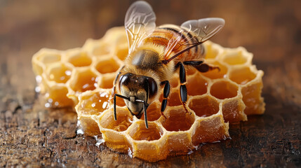 Close up of bee honeycomb, showcasing intricate patterns and textures of honeycomb structure. bee appears to be collecting honey, creating serene