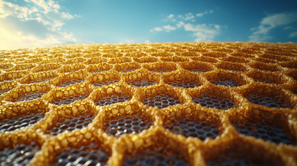 Close up view of honeycomb structure showcasing intricate patterns and textures under bright sky, evoking sense of nature beauty and design