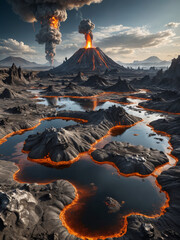 Volcanic Alien World with Molten Silver Rivers, Robotic Lifeforms, and Floating Islands in a Futuristic Sci-Fi Fantasy Planetary Landscape

