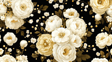 Elegant floral pattern featuring white and cream flowers on black background, creating striking contrast and sophisticated look