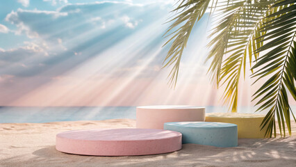 Pastel podiums on sandy beach with sunlight and palm leaves, summer abstract background, relaxing and dreamy atmosphere