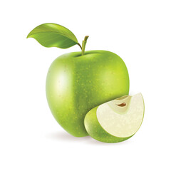 Green apple fruit with slices isolated on white background