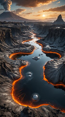 Volcanic Alien World with Molten Silver Rivers, Robotic Lifeforms, and Floating Islands in a Futuristic Sci-Fi Fantasy Planetary Landscape

