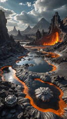 Volcanic Alien World with Molten Silver Rivers, Robotic Lifeforms, and Floating Islands in a Futuristic Sci-Fi Fantasy Planetary Landscape

