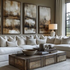 Fototapeta premium Modern living room with neutral tones and abstract art.