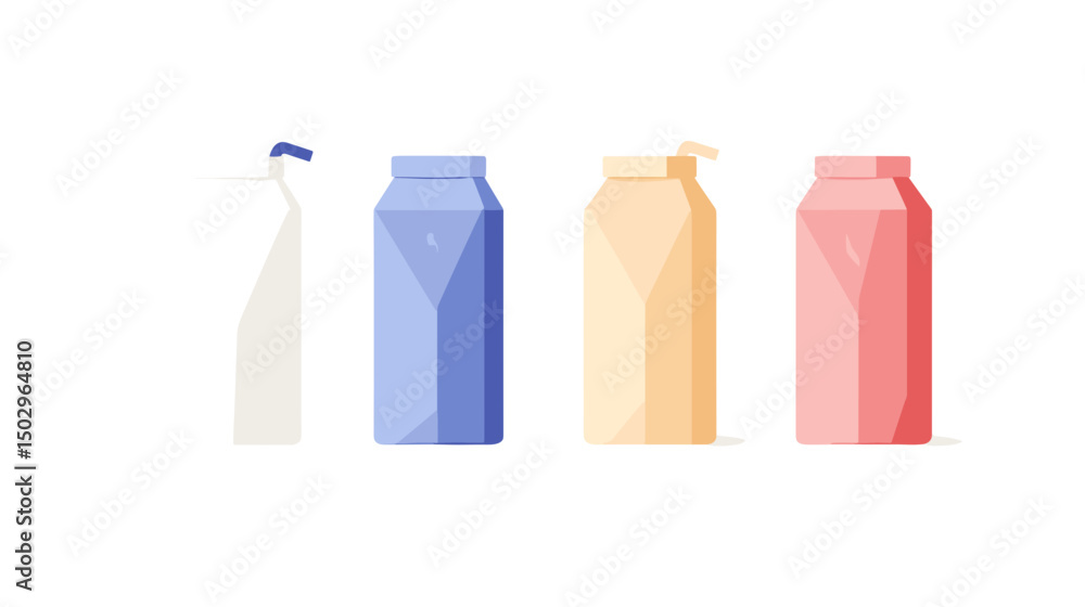 Poster colorful array of four stylized beverage bottles in minimalist vector illustration