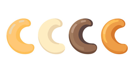 Colorful Array of Various Cashew Nuts in Smooth Textures and Different Shades on a White Background