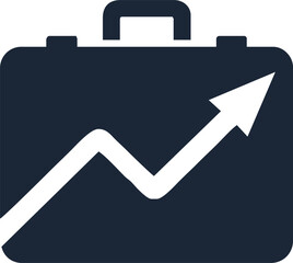 Minimalist vector icon of a business briefcase with an upward arrow chart overlay, flat design, white background, modern color palette, perfect for stock illustrations