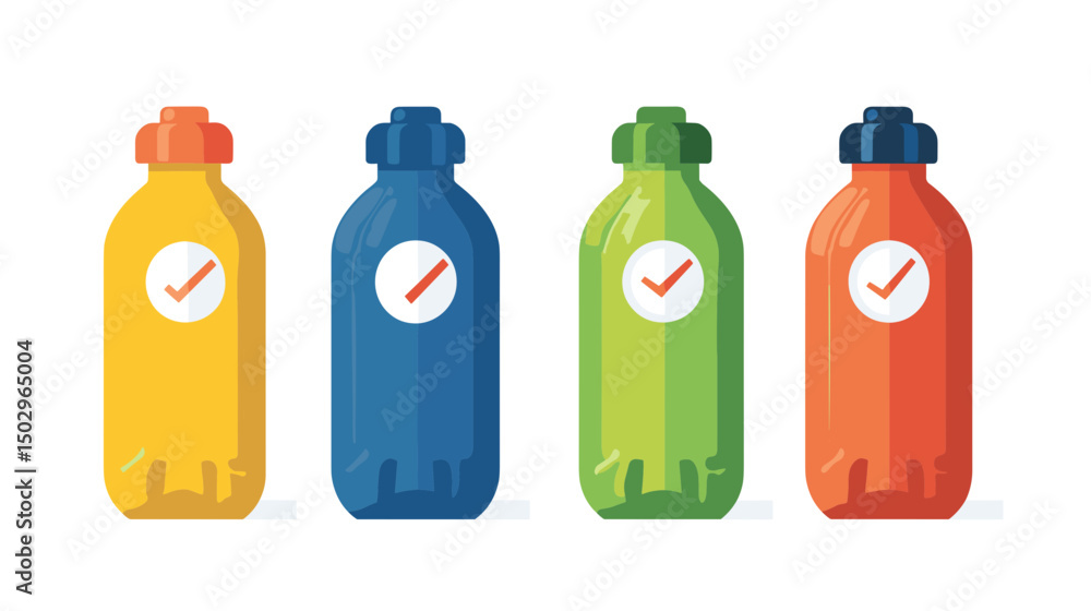 Poster Colorful Bottles of Beverage Containers with Check Marks in a Clean and Vibrant Layout