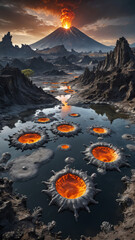 Volcanic Alien World with Molten Silver Rivers, Robotic Lifeforms, and Floating Islands in a Futuristic Sci-Fi Fantasy Planetary Landscape

