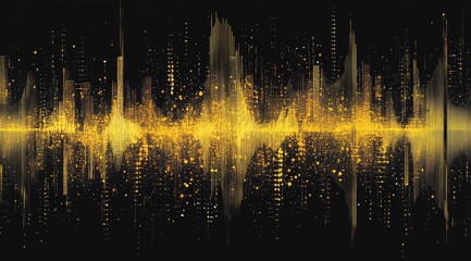 Golden sound wave graphic, city lights