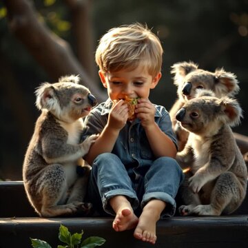 A little boy having his lunch with Koals next to him 