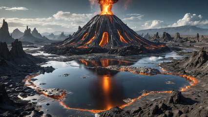 Volcanic Alien World with Molten Silver Rivers, Robotic Lifeforms, and Floating Islands in a Futuristic Sci-Fi Fantasy Planetary Landscape

