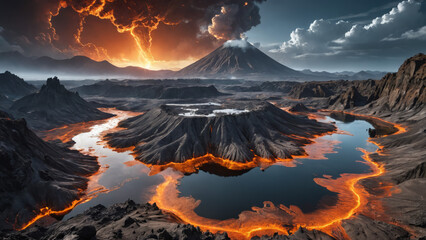 Volcanic Alien World with Molten Silver Rivers, Robotic Lifeforms, and Floating Islands in a Futuristic Sci-Fi Fantasy Planetary Landscape

