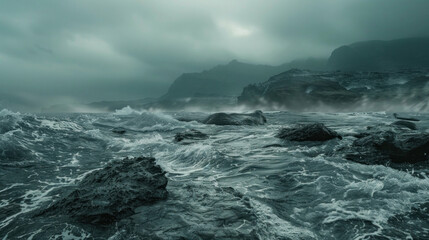 Powerful ocean waves crashing on rocky coastline dramatic stormy seascape