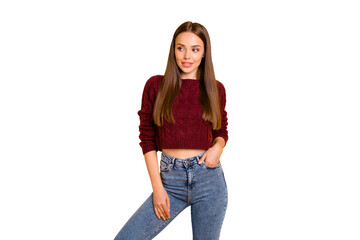 Portrait of elegant lady looking at copy space wearing marsala sweater isolated over yellow...