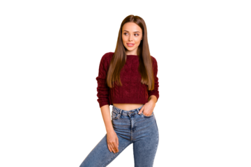 Portrait of elegant lady looking at copy space wearing marsala sweater isolated over yellow background